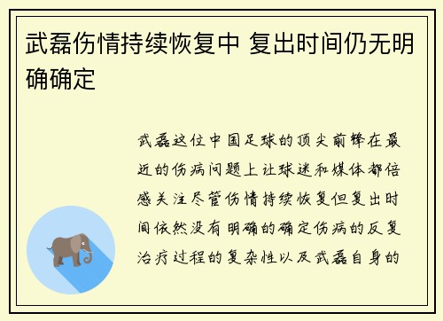 武磊伤情持续恢复中 复出时间仍无明确确定