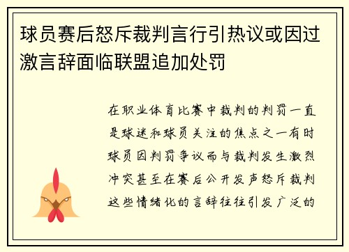 球员赛后怒斥裁判言行引热议或因过激言辞面临联盟追加处罚