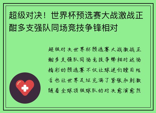 超级对决！世界杯预选赛大战激战正酣多支强队同场竞技争锋相对